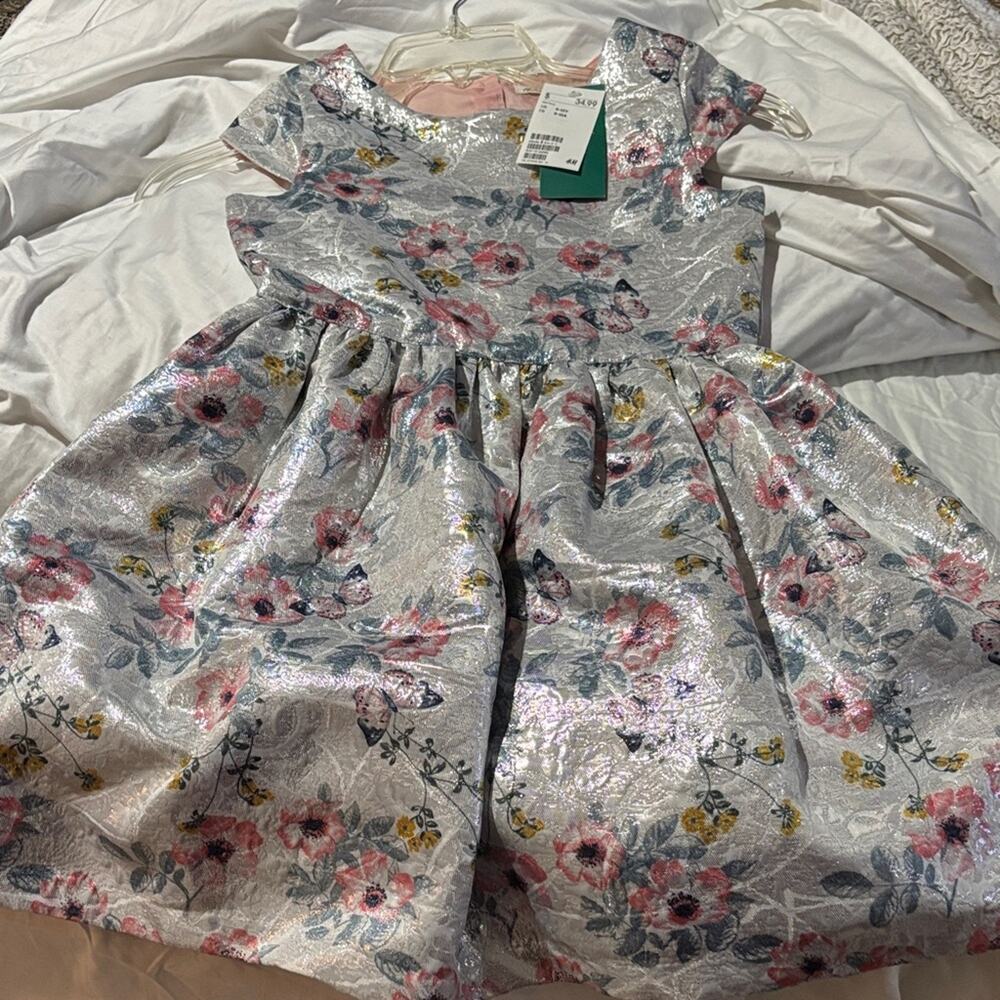 H & M 9/10 Floral Metallic Dress new with tags nwt pink mustard fall look shiny